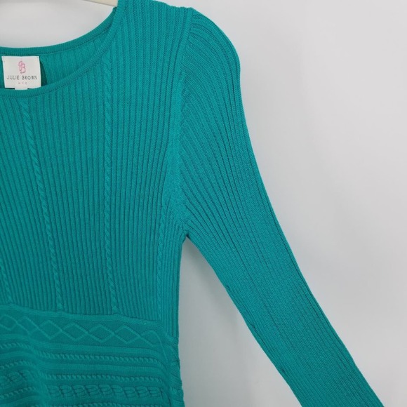 Julie Brown Cable Knit Sweater Dress - Mini Teal Green A Line Flare 3/4 Sleeves - Picture 5 of 7